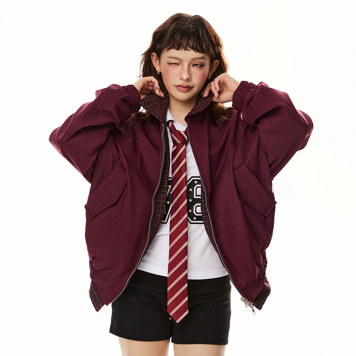 美式復古紅色格子兩面穿外套女早春新款寬鬆翻領工裝夾克上衣