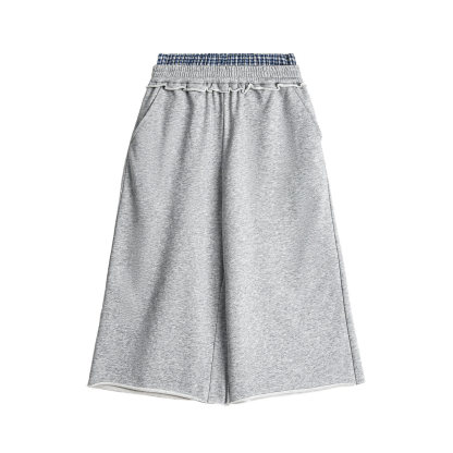 美式灰色低雙腰頭直筒闊腿七分褲中衛褲休閒木耳邊褲子女士夏