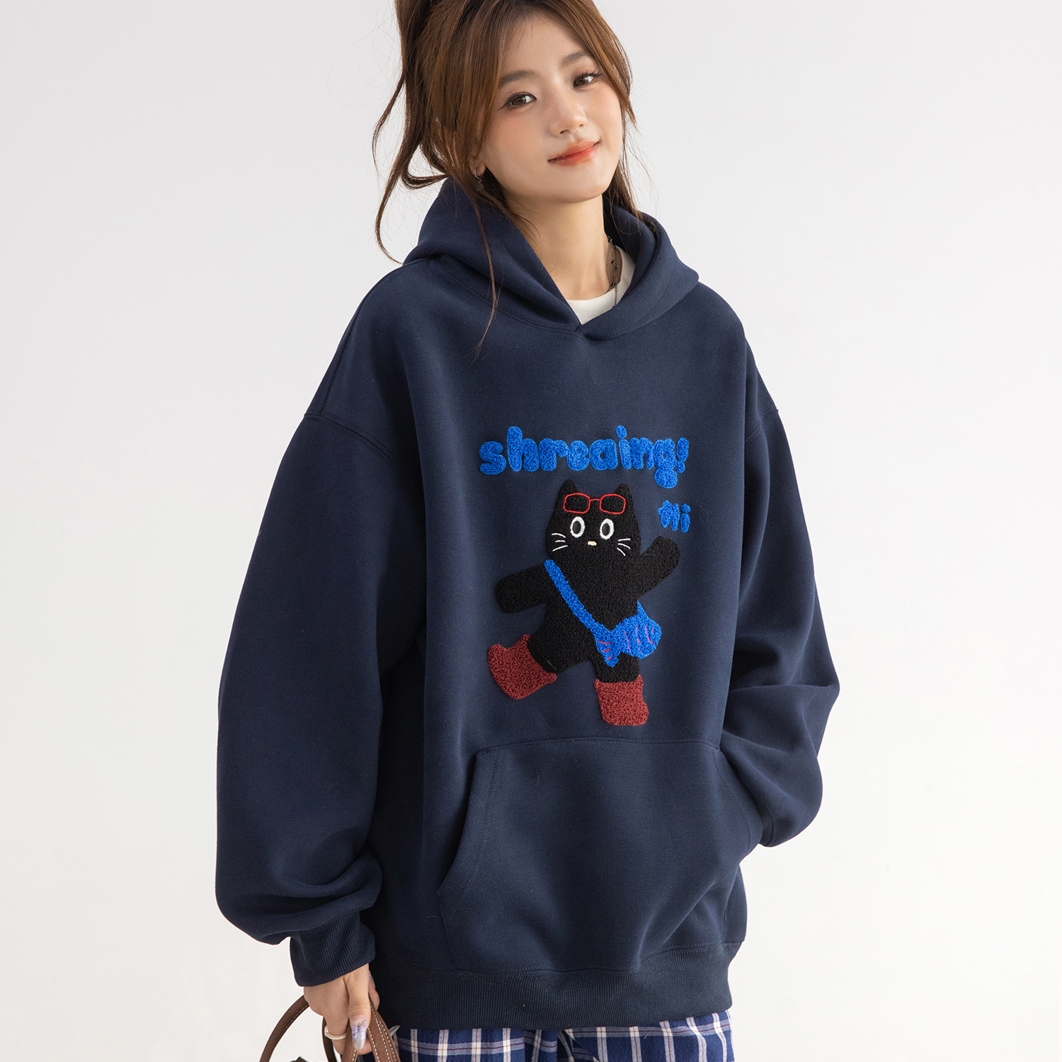 韓系可愛猫咪毛巾繡連帽衛衣女款小個子寬鬆長袖上衣