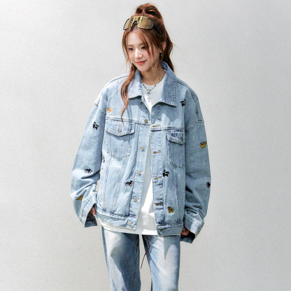 可愛猫狗刺繡牛仔外套女2025新款寬鬆慵懶小個子牛仔衣秋季