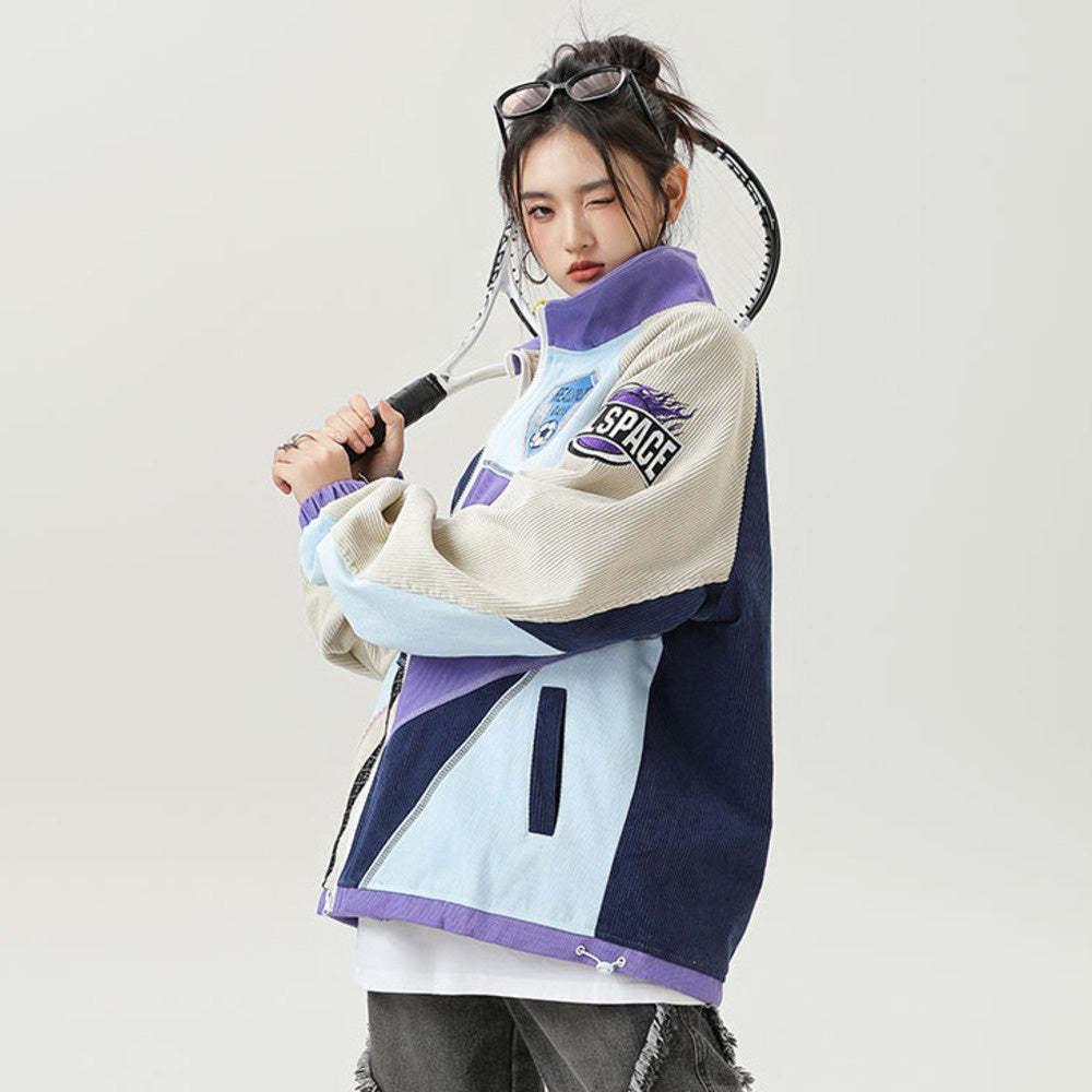 美式復古國潮刺繡拼接立領夾克女運動設計感機車風外套