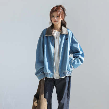 美式復古pu拼皮翻領牛仔外套女小個子短款牛仔衣夾克