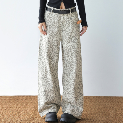 美式復古豹紋牛仔褲女小個子梨型身材褲子直筒寬鬆闊腿褲