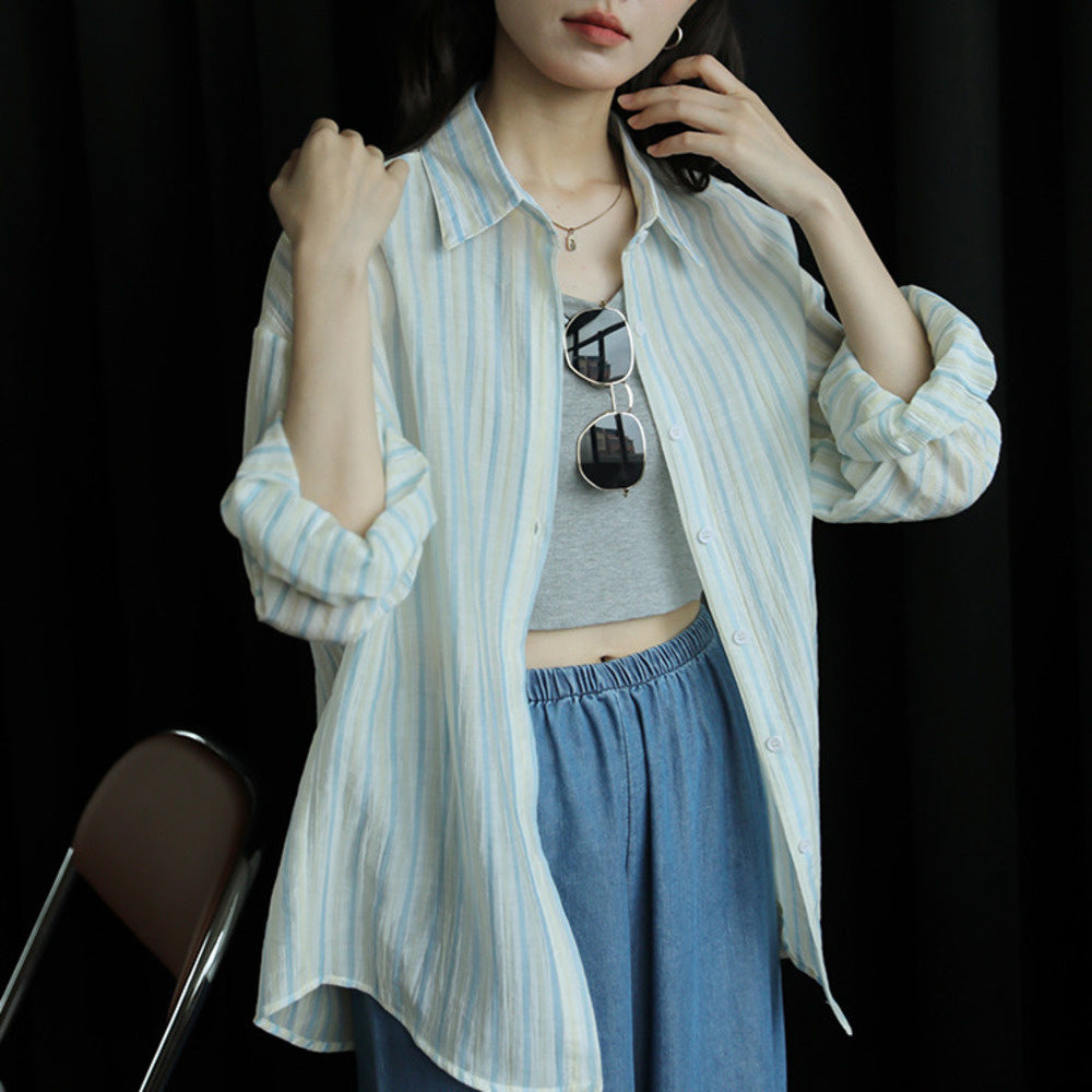 薄款簡約通勤復古港風印花條紋防曬衣襯衫女設計感夏季新款上衣