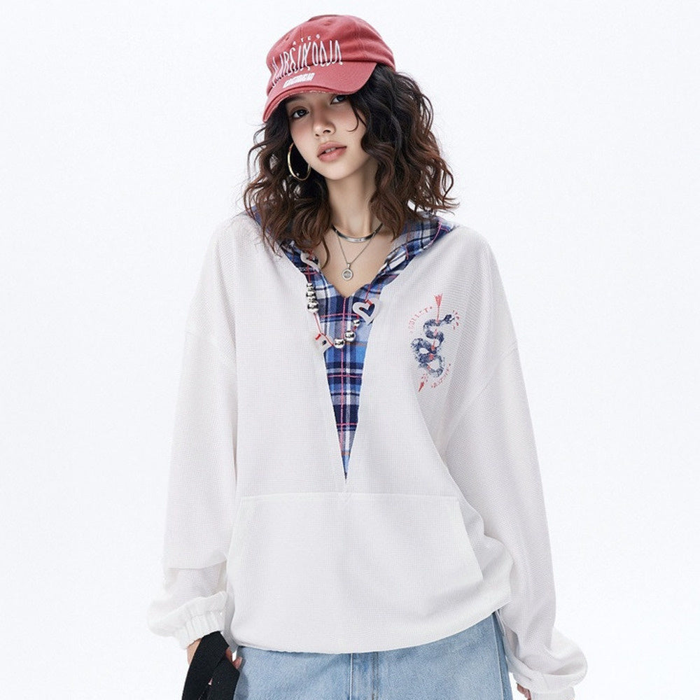 復古拼接假兩件連帽衛衣女春季2025新款美式帽衫寬鬆潮牌上衣
