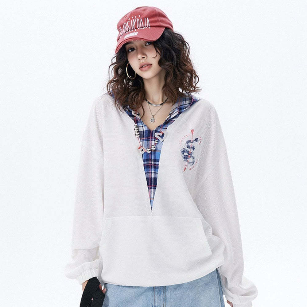 復古拼接假兩件連帽衛衣女春季2025新款美式帽衫寬鬆潮牌上衣
