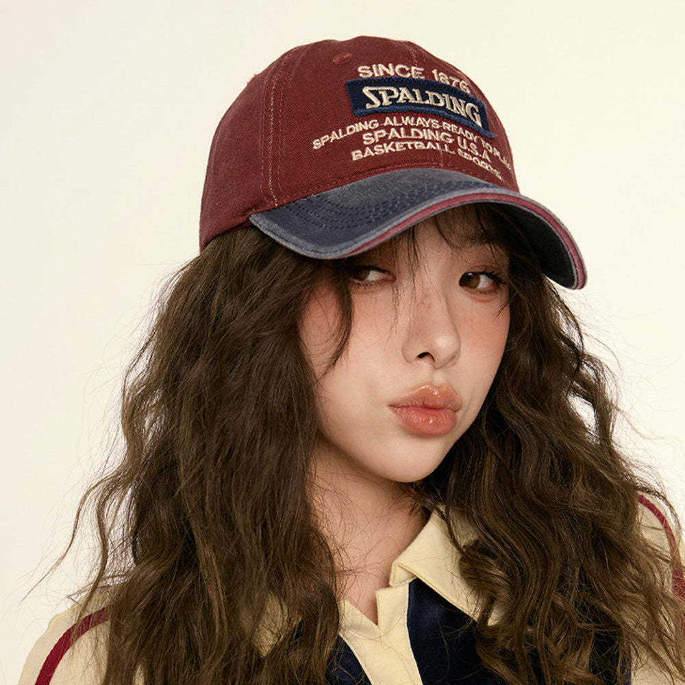 美式復古水洗做舊紅色鴨舌帽子女拼色字母軟頂休閒街頭棒球帽