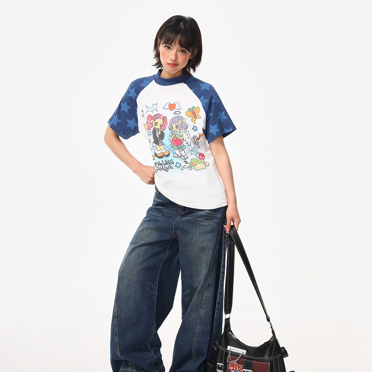 美式復古卡通少女星星插肩正肩短袖T恤女夏季百搭修身短t