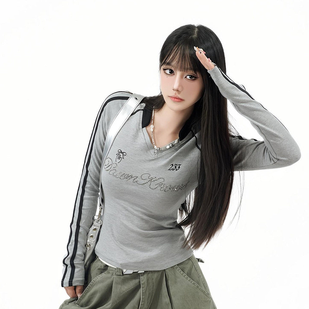 美式復古辣妹撞色條紋燙鑽字母V領長袖短款修身顯瘦T恤上衣
