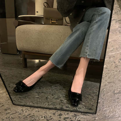 法式真皮方頭方扣小猫跟單鞋女ol通勤鞋