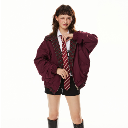 美式復古紅色格子兩面穿外套女早春新款寬鬆翻領工裝夾克上衣