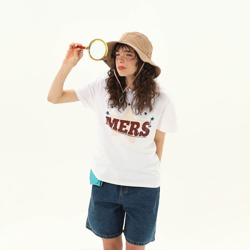 正肩T恤女美式復古星星印花夏季設計感短款寬鬆短袖上衣