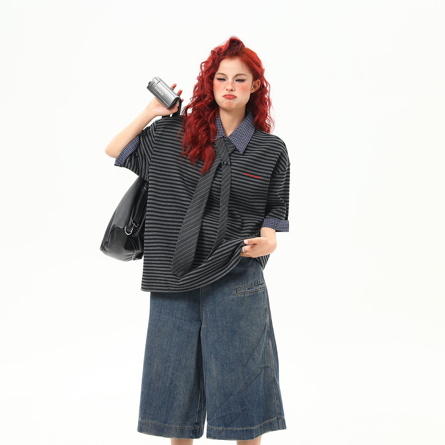 重磅高級感黑灰條紋短袖T恤女格子翻領美式復古上衣