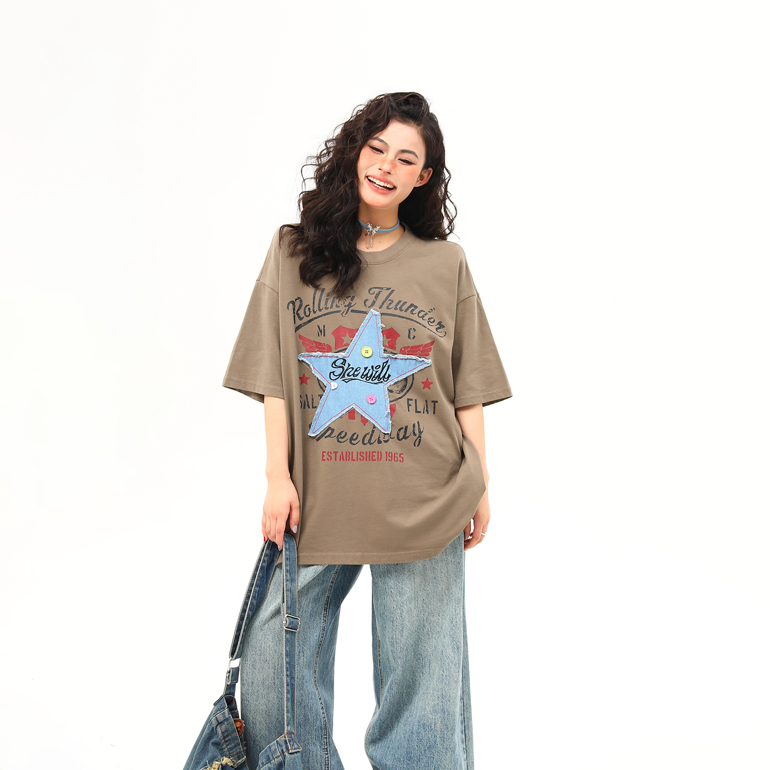 美式復古星星貼布刺繡短袖T恤女寬鬆百搭上衣