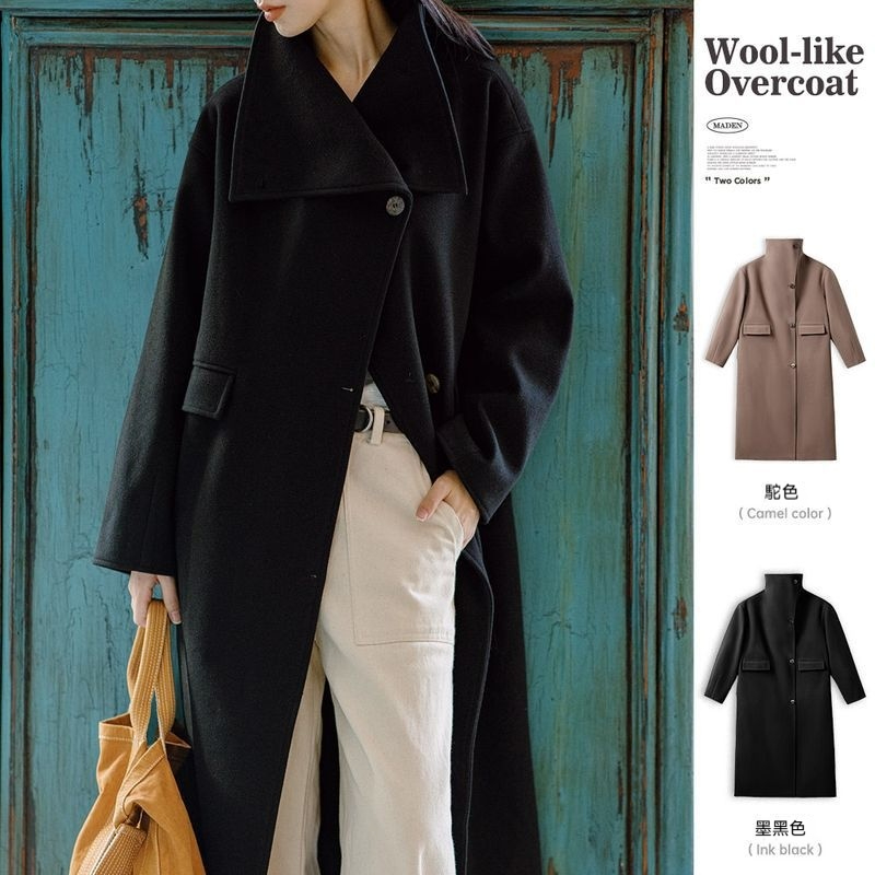 馬登女裝 復古經典黑色大衣外套高級感翻領長款毛呢風衣2024冬季新款女