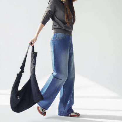 丹寧藍色直筒拼接大口袋牛仔褲全純棉闊腿工裝長褲子女士秋冬