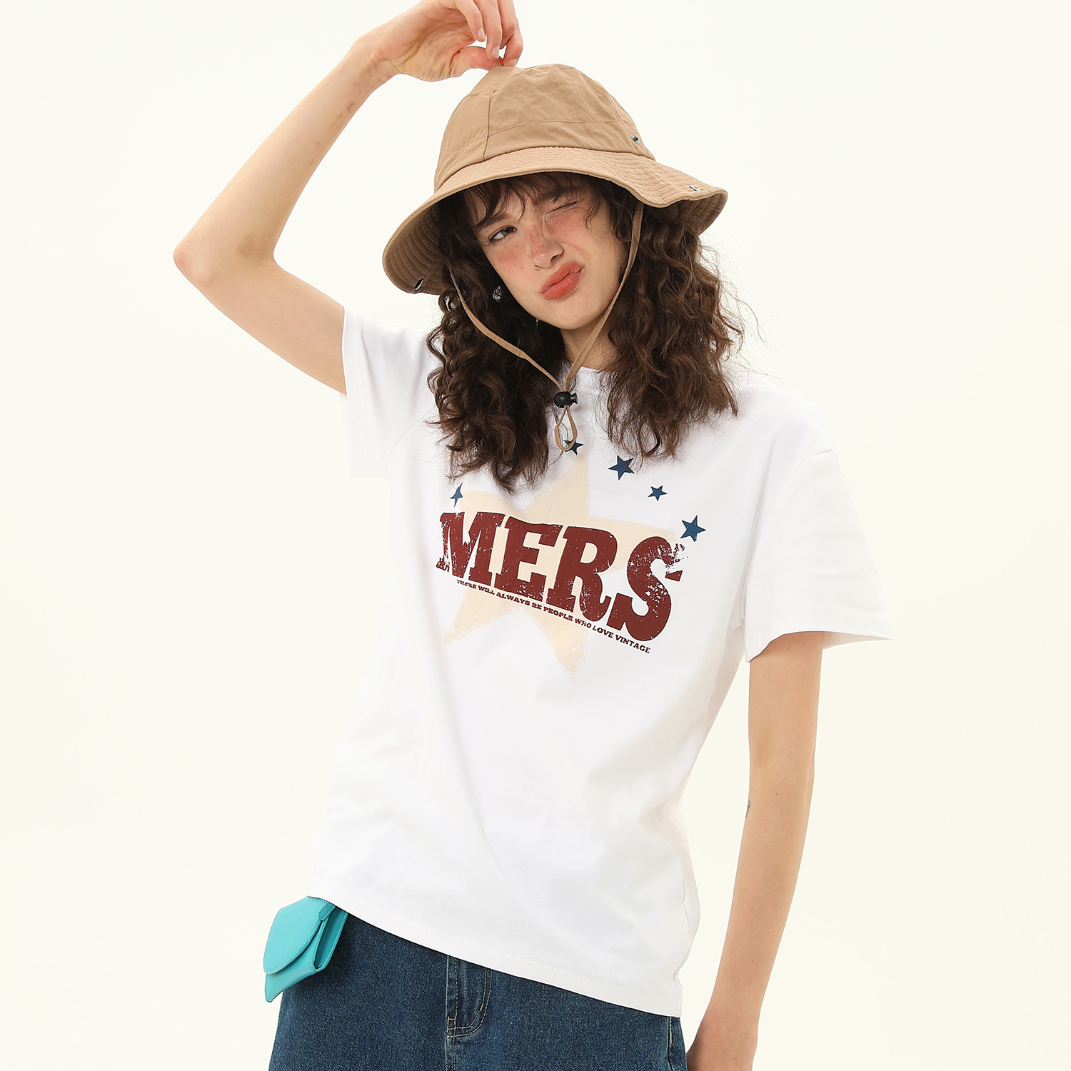 正肩T恤女美式復古星星印花夏季設計感短款寬鬆短袖上衣