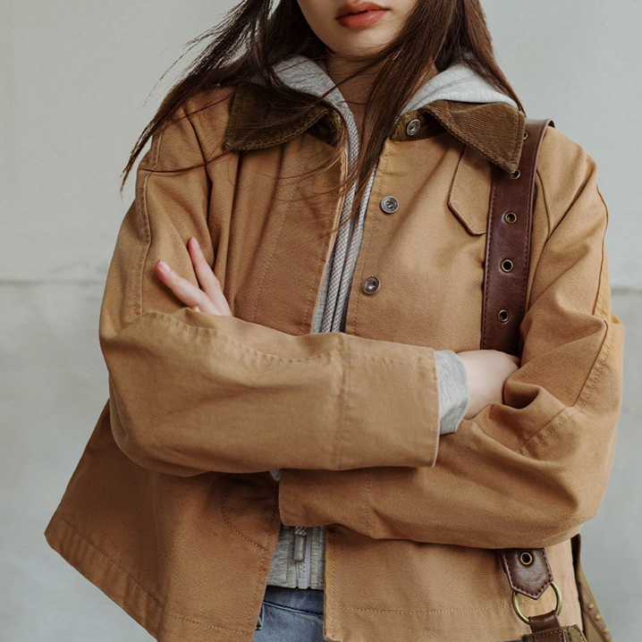 馬登女裝 美式工裝夾克美拉德燈芯絨拼接帆布外套寬鬆休閒翻領上衣秋女