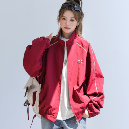 2025新款美式復古撞色拼接寬鬆立領休閒夾克女