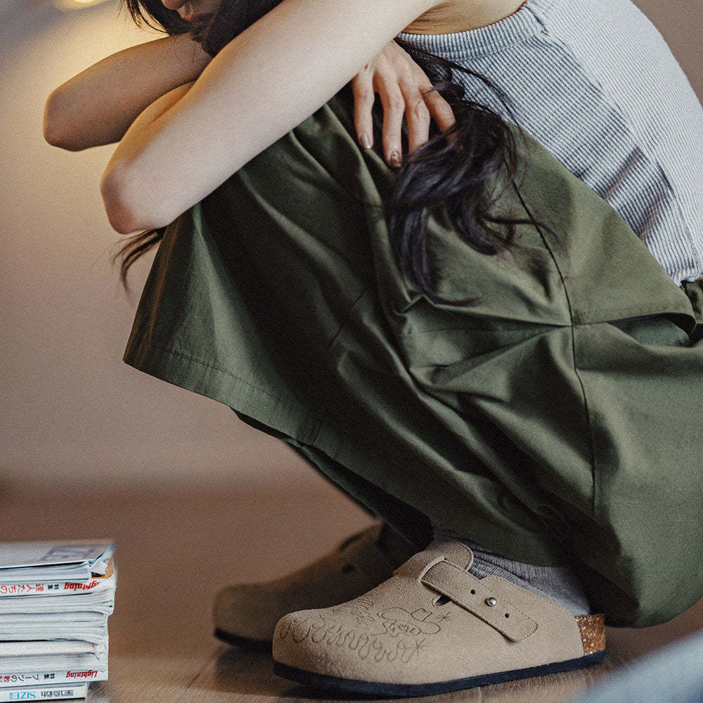 馬登女裝 插畫版穆勒鞋室外軟木休閒包頭凉拖鞋外穿釣魚懶人厚底鞋夏女