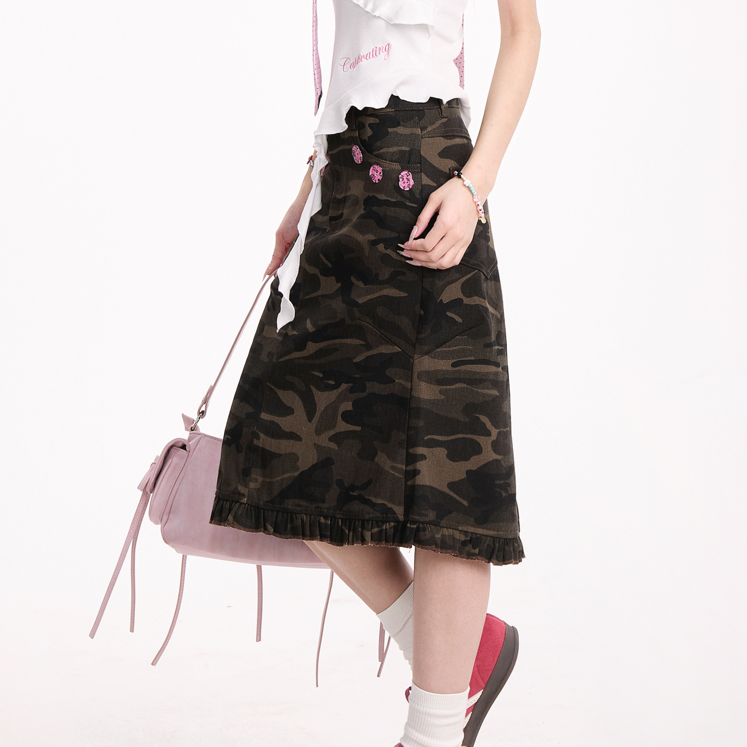 復古迷彩花邊半身裙女新款美式工裝裙辣妹街頭小眾半身裙