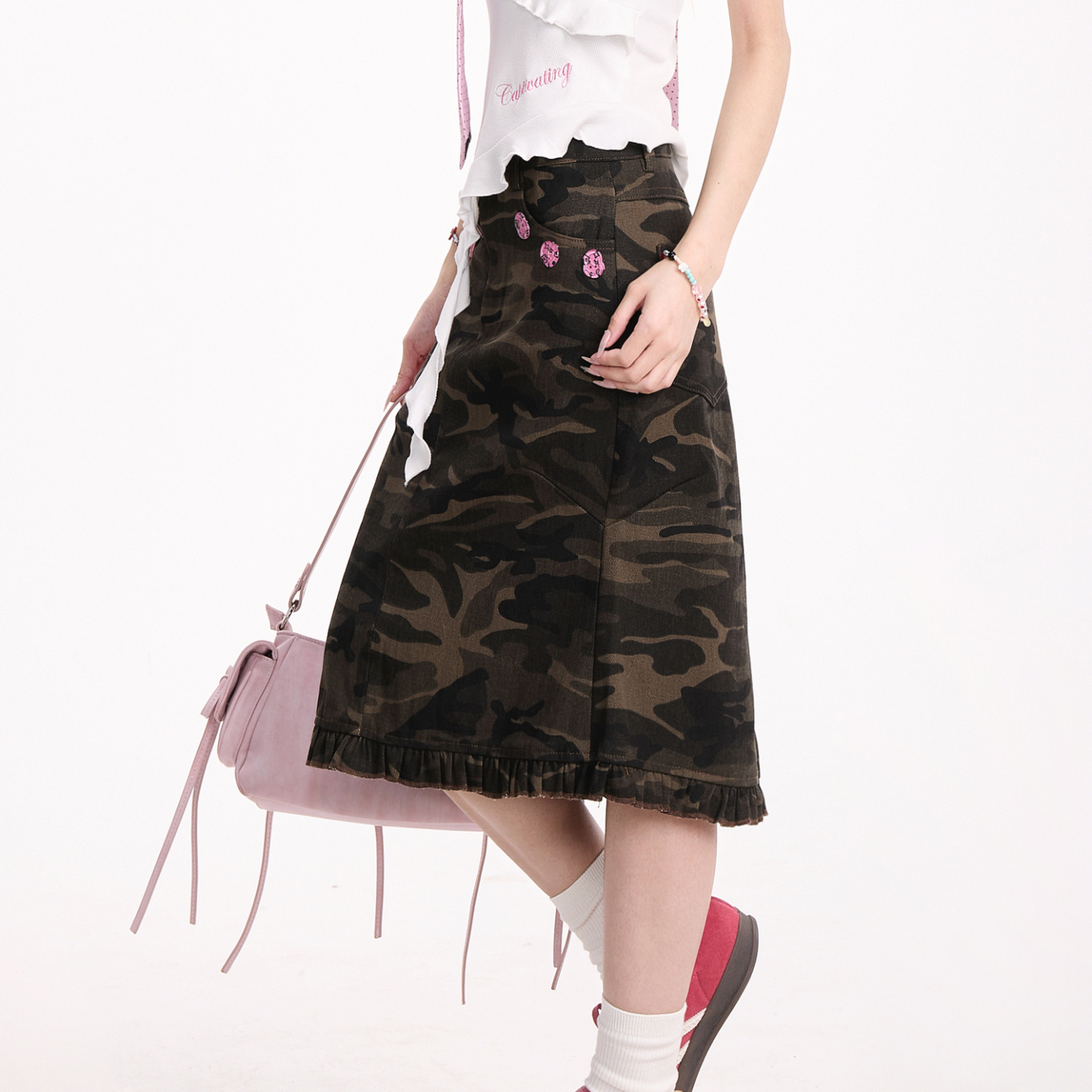 復古迷彩花邊半身裙女新款美式工裝裙辣妹街頭小眾半身裙