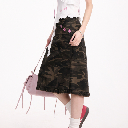 復古迷彩花邊半身裙女新款美式工裝裙辣妹街頭小眾半身裙