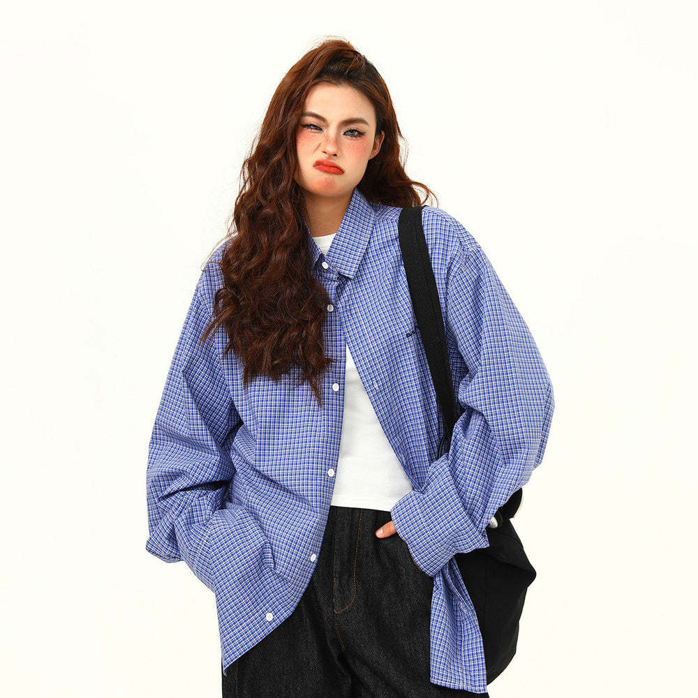 文藝感藍色格子襯衫秋季新品高級感復古百搭外穿襯衣