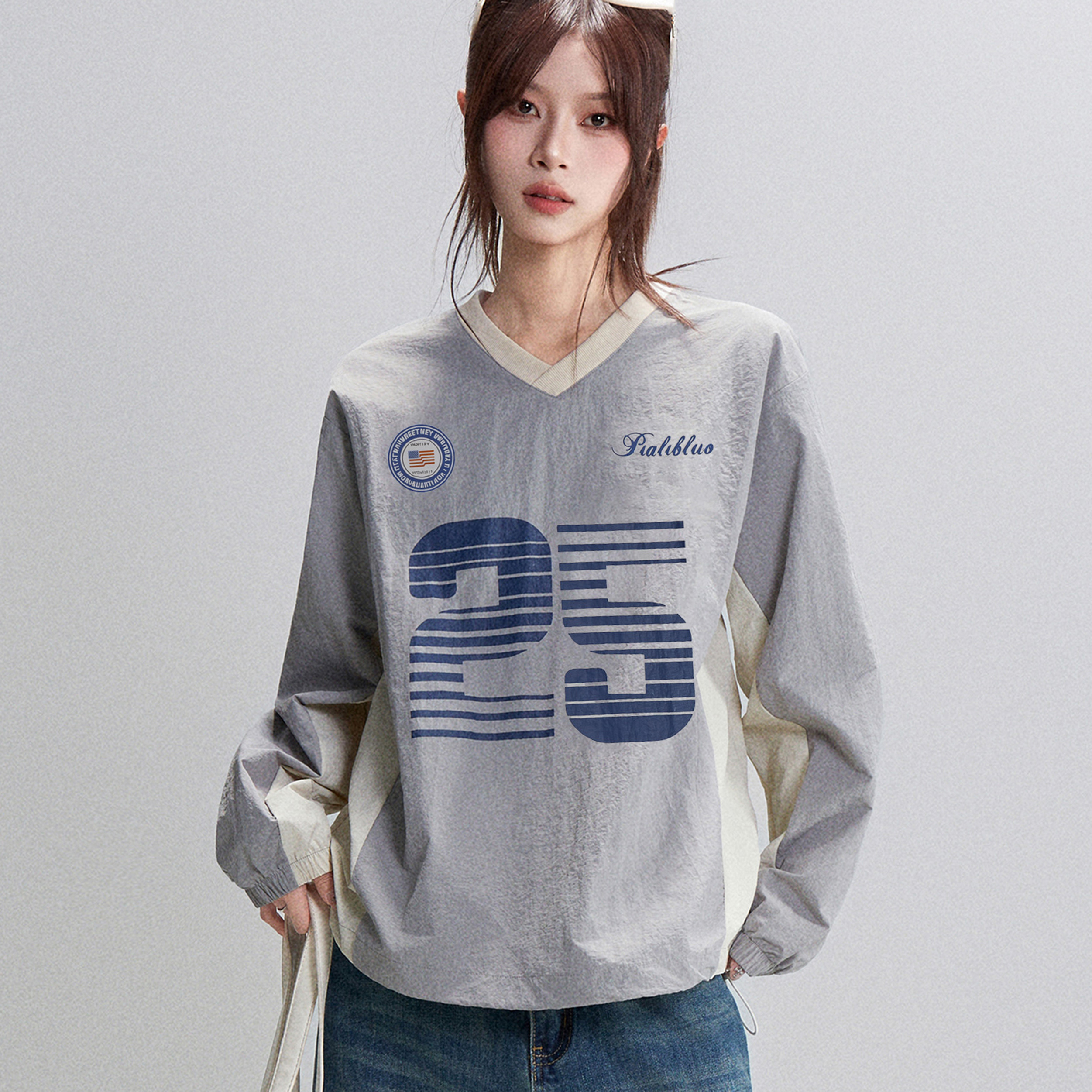 美式復古灰色v領正肩套頭長袖衛衣女秋季寬鬆運動設計感小眾上衣