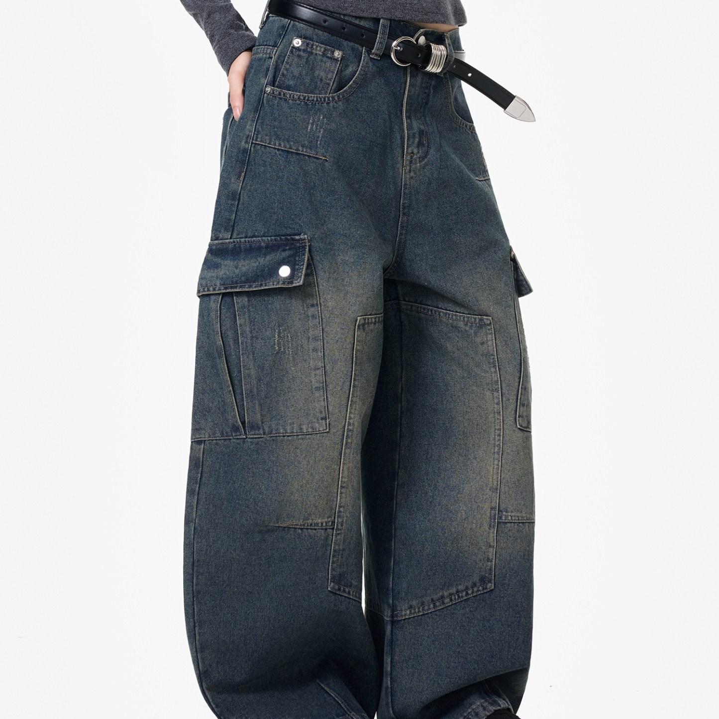 水洗解構拼接重磅牛仔褲女美式潮牌工裝直筒闊腿長褲子