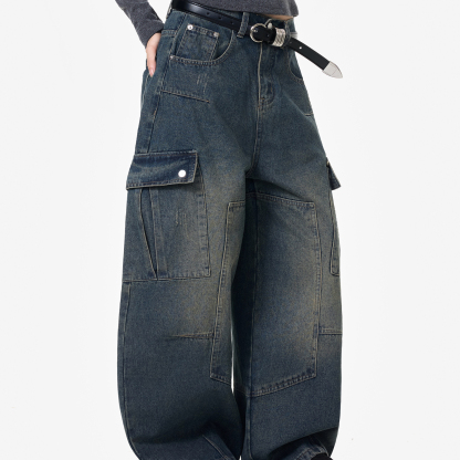 水洗解構拼接重磅牛仔褲女美式潮牌工裝直筒闊腿長褲子