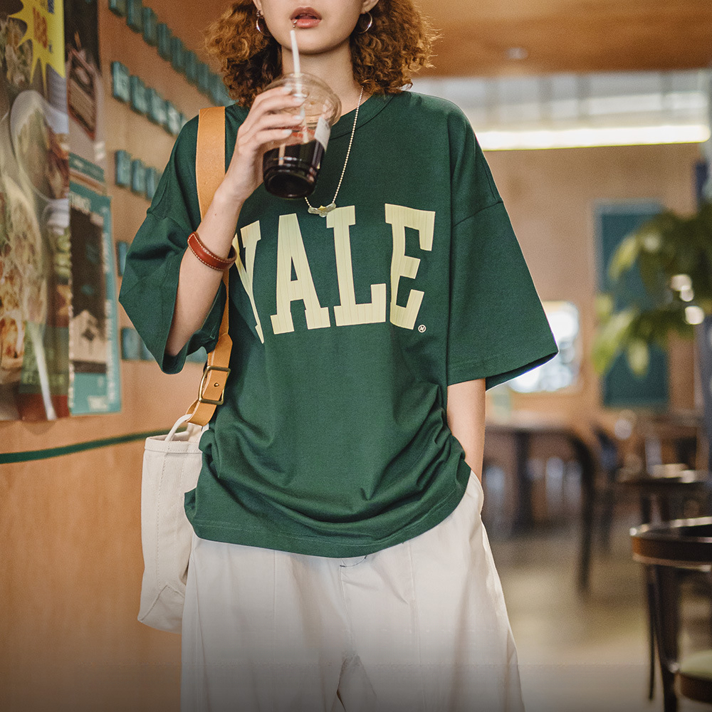 美式撞色字母印花T恤學院風耶魯大學純棉短袖上衣女夏季