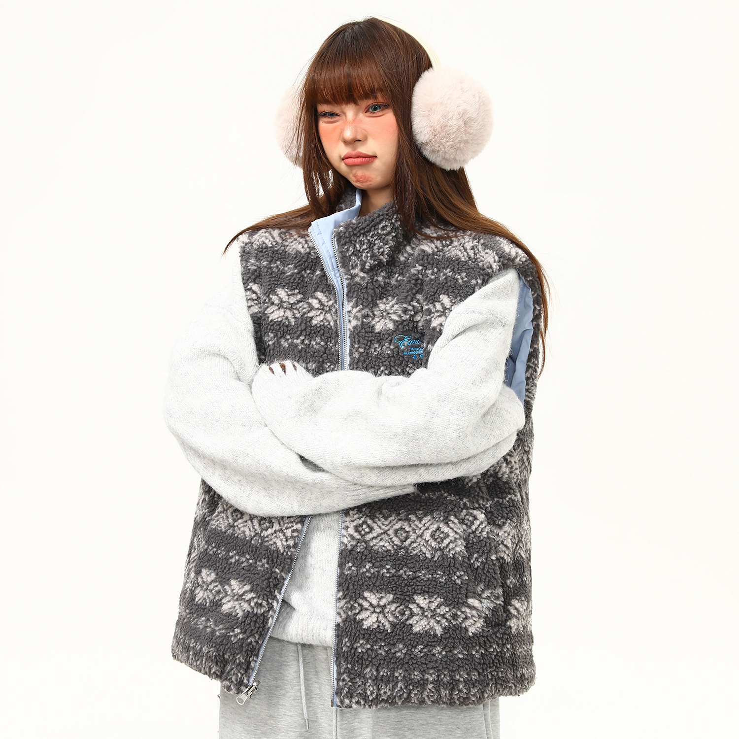 復古羊羔絨立領費爾島夾棉馬甲外套女冬季氛圍感雙面穿