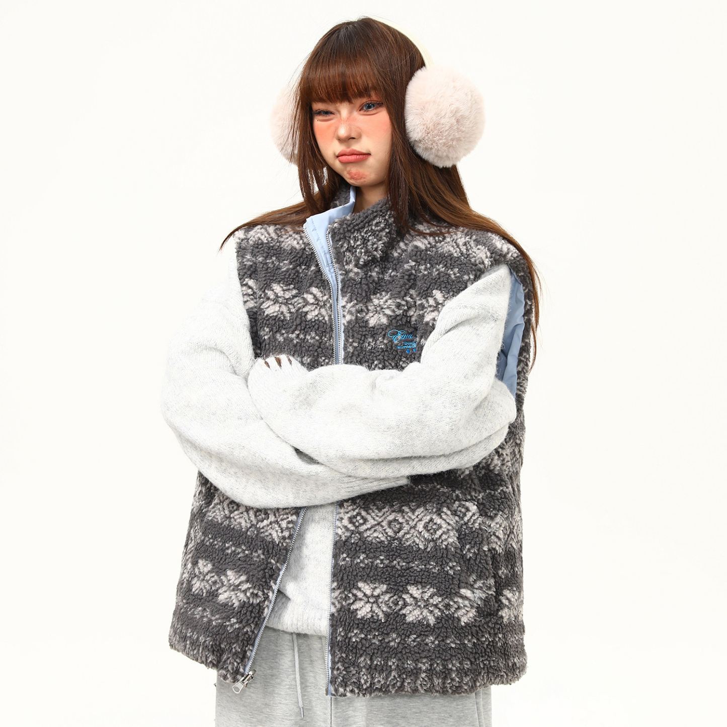 復古羊羔絨立領費爾島夾棉馬甲外套女冬季氛圍感雙面穿