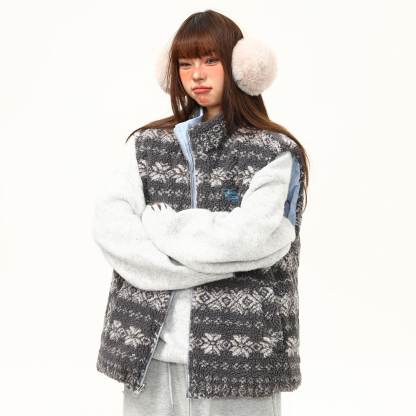 復古羊羔絨立領費爾島夾棉馬甲外套女冬季氛圍感雙面穿