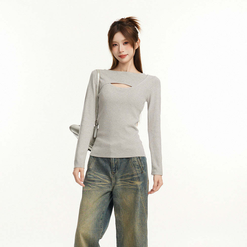 鏤空正肩長袖針織衫女早秋春秋季修身收腰內搭打底衫短款毛衣