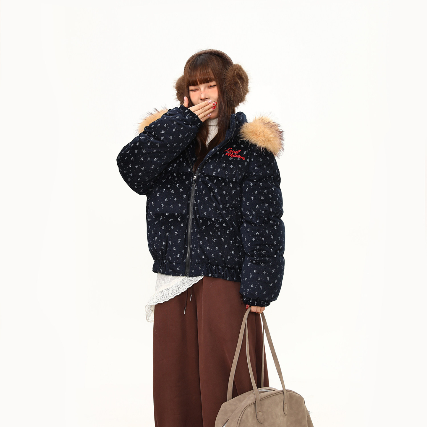 棉服女美式復古碎花設計感外套女冬季保暖加厚可拆卸棉衣