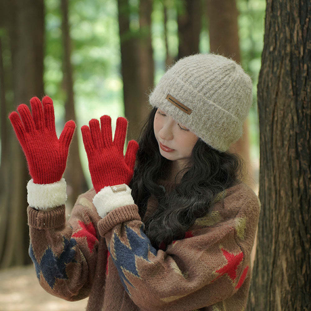簡約加厚加絨針織手套女秋冬季戶外騎行保暖防寒可觸屏滑雪手套