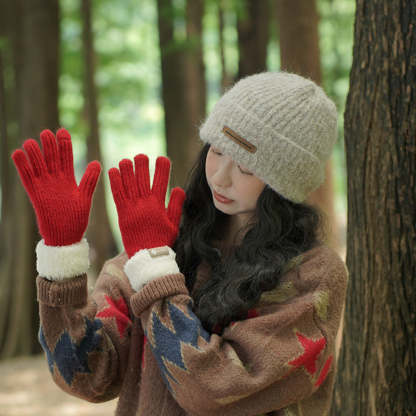簡約加厚加絨針織手套女秋冬季戶外騎行保暖防寒可觸屏滑雪手套