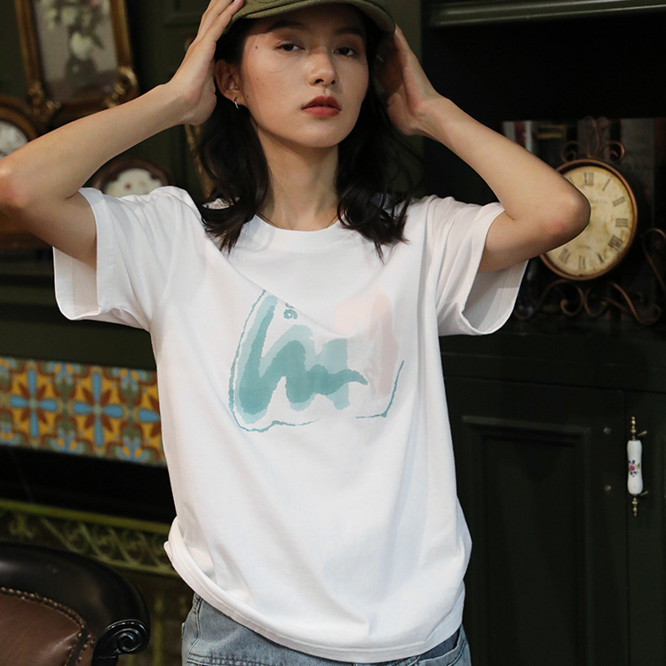 白色圓領時尚復古夏季百搭小眾短袖女純棉寬鬆ins印花T恤女