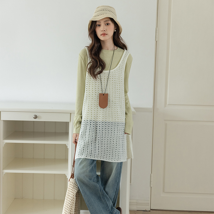 杏色疊穿鏤空背心連衣裙女2025春季韓系中長裙