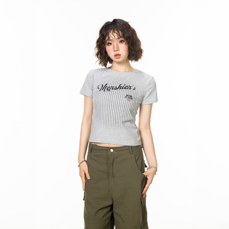 美式復古條紋字母印花正肩短袖t恤女新款夏季辣妹修身上衣