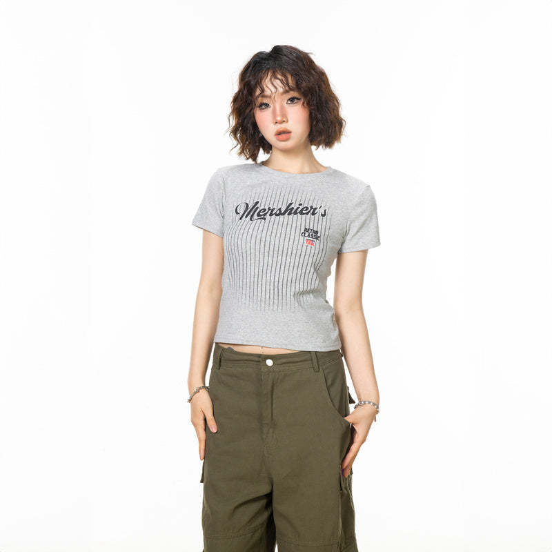 美式復古條紋字母印花正肩短袖t恤女新款夏季辣妹修身上衣