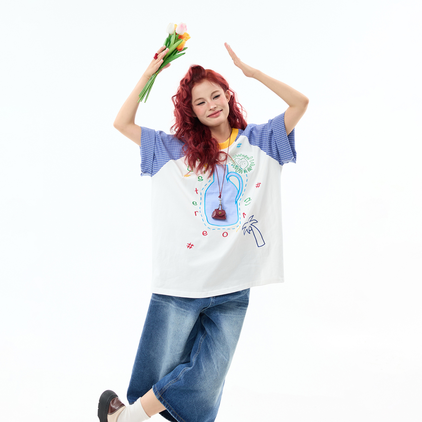 夏季新圓領撞色插肩短袖T卹女趣味刺繡百搭夏季tee
