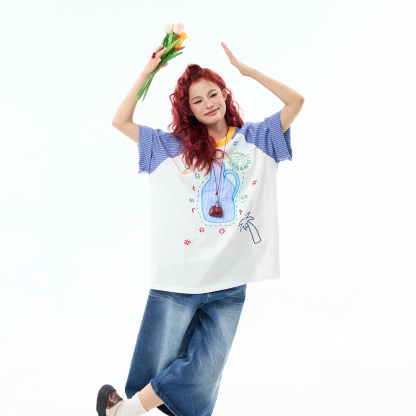 夏季新圓領撞色插肩短袖T卹女趣味刺繡百搭夏季tee