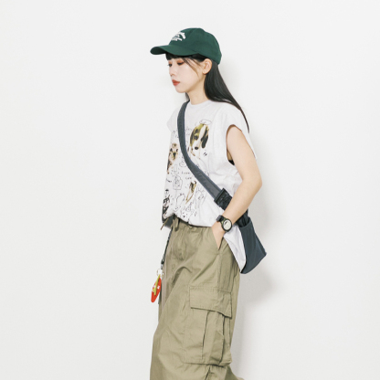 美式復古卡通印花短袖T恤女夏季寬鬆休閒百搭無袖上衣打底