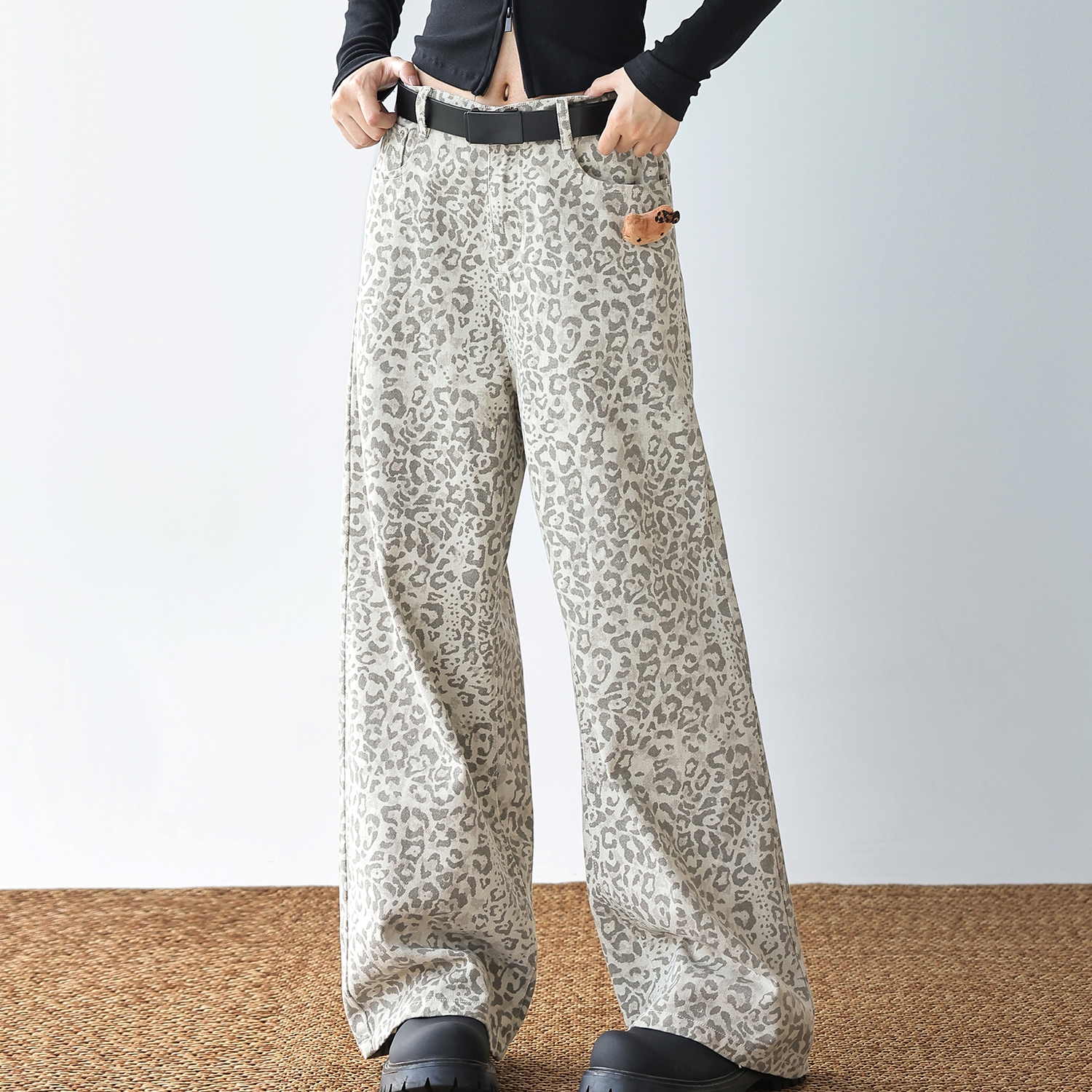 美式復古豹紋牛仔褲女小個子梨型身材褲子直筒寬鬆闊腿褲