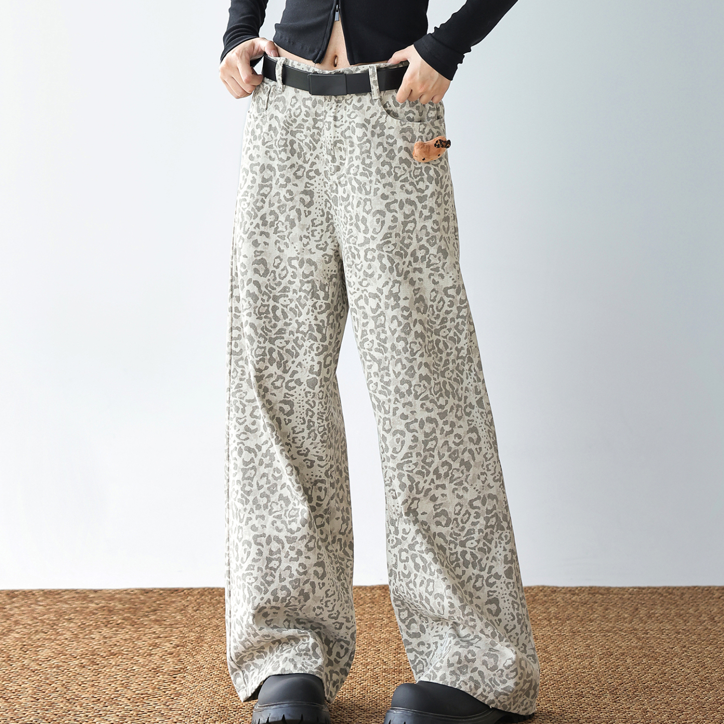 美式復古豹紋牛仔褲女小個子梨型身材褲子直筒寬鬆闊腿褲