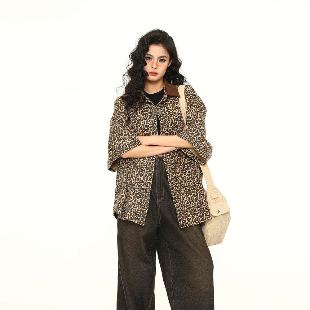 美式豹紋Polo領牛仔短袖女潮牌炸街外套