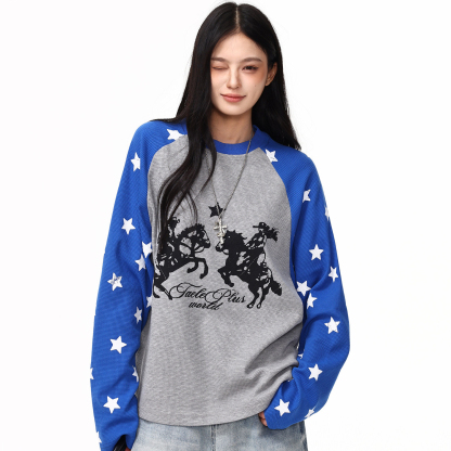 美式復古星星插肩長袖T恤女秋季新款寬鬆百搭打底衫